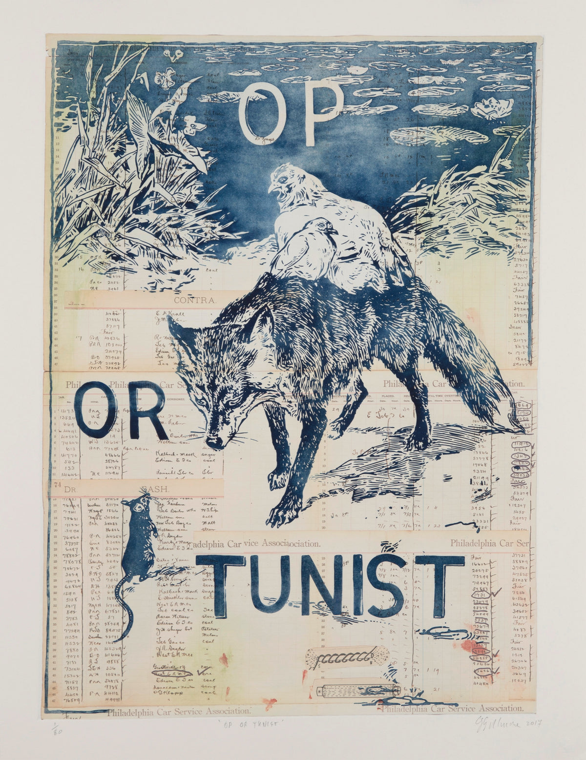 Graham Gillmore, Op or Tunist, 2018. A fox with birds, sitting on its back, starting at a rat with a pond in the background - the illustration is rendered in blue ink against a paper with pre-written text.