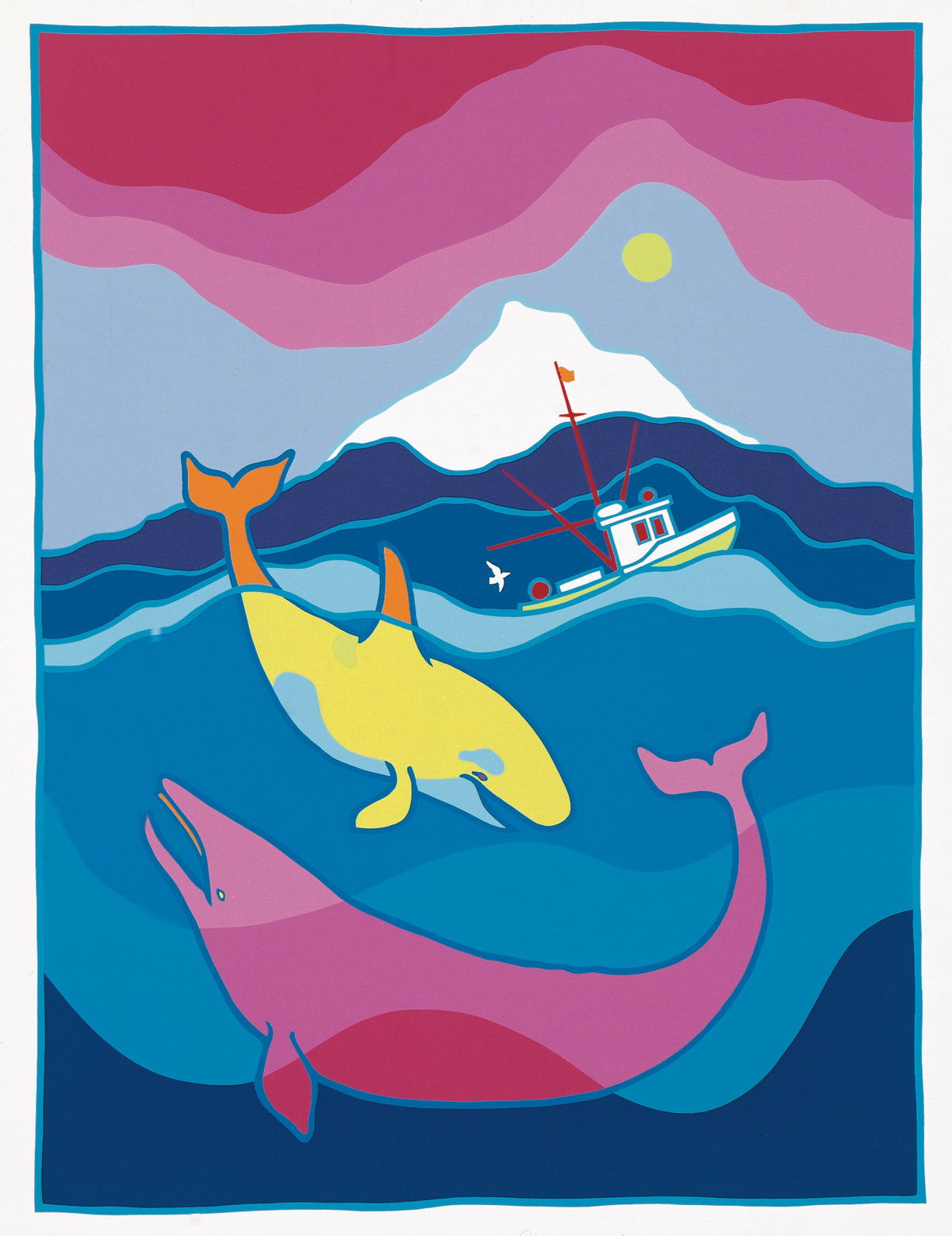Ted Harrison, Whale Frolic, 1994. Vertical abstract painting of two whales and a boat against an ocean landscape with a mountain in the background.