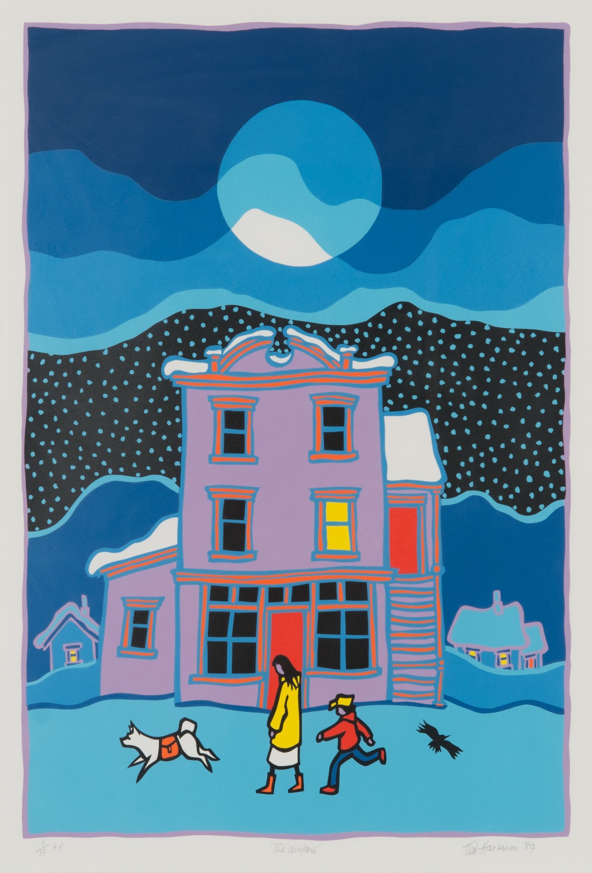 Ted Harrison, The Window, 1984. A winter day with two figures, a dog and a bird walking in front of a house against a row of house on hills in the background.