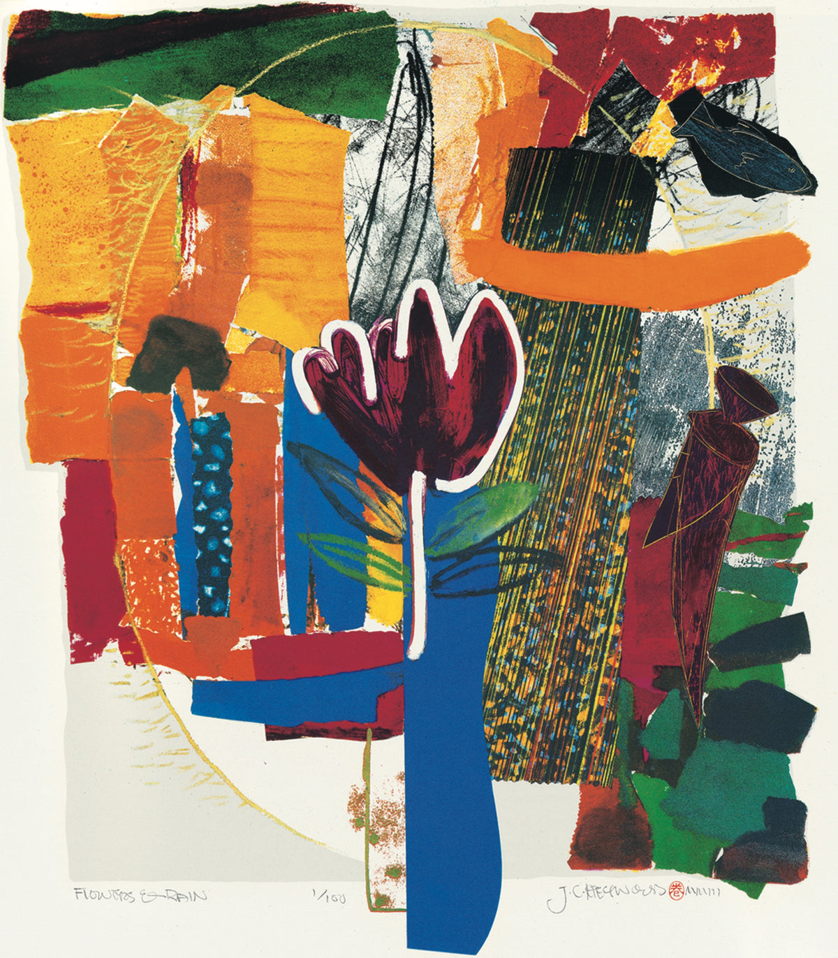J. Carl Heywood, Flowers & Rain, 2003. A flower against a colourful and collage-like background.