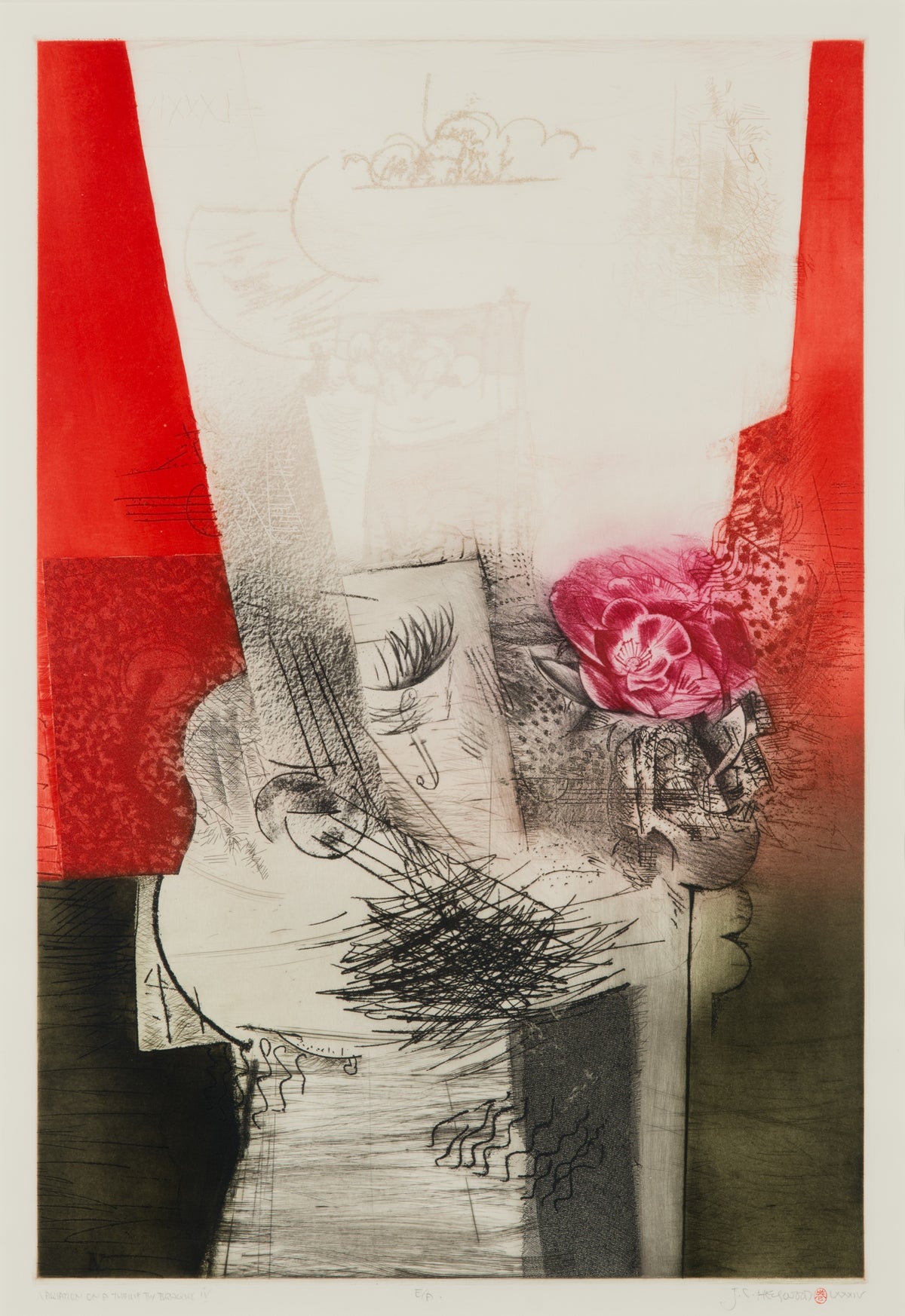 J. Carl Heywood, Variation on a Theme By Braque IV, 1984. Abstracted black and white composition against a red and black background with a white shape in the center.