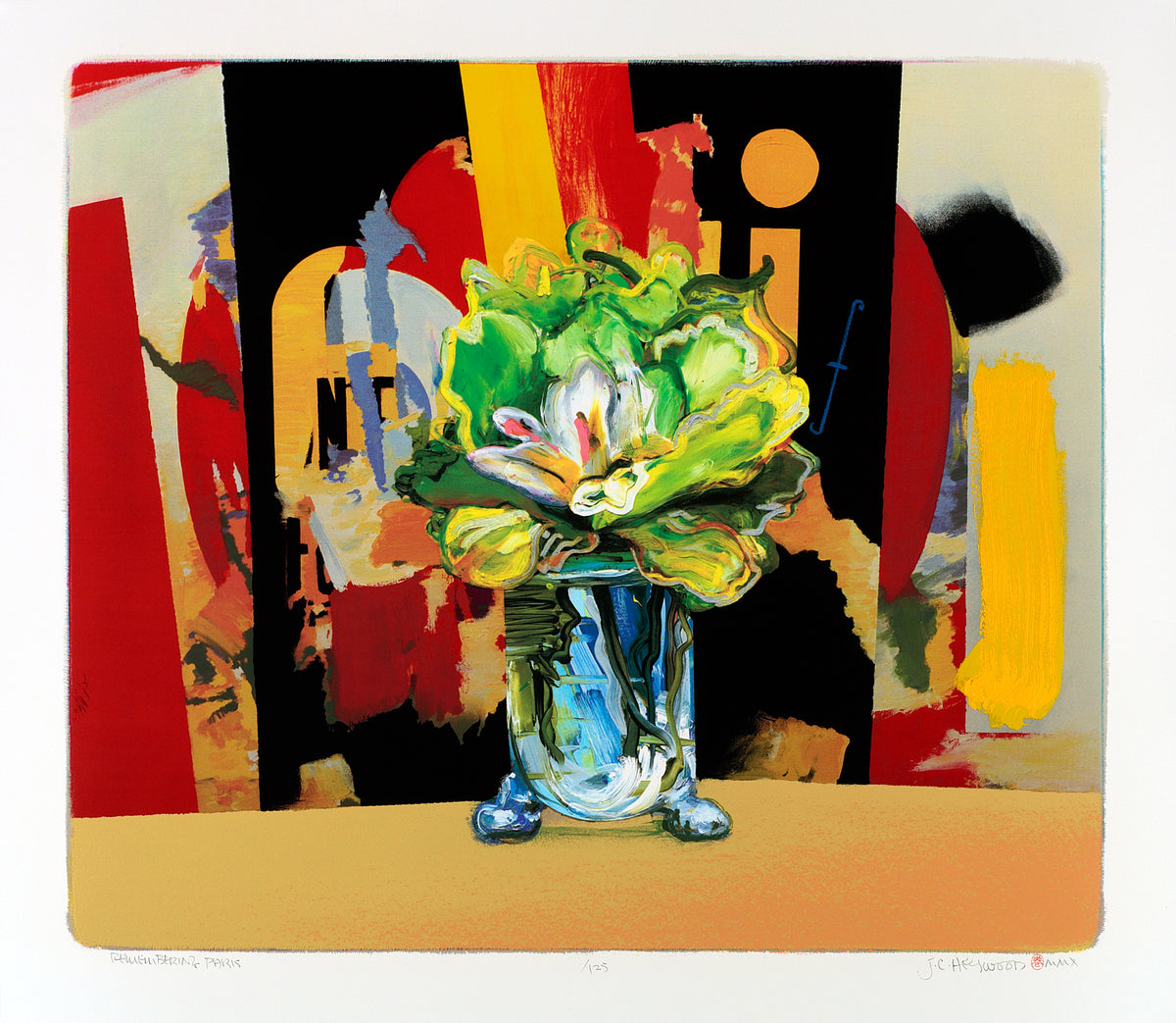 J. Carl Heywood, Remembering Paris, 2010. A vase with green plants inside against a red, yellow, and black abstracted graphics background.