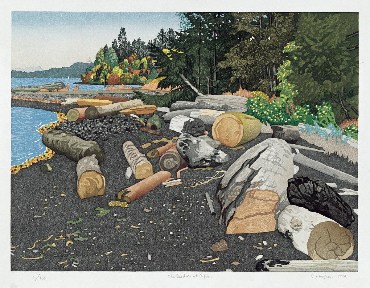 E.J. Hughes, The Seashore at Crofton, 1998. Watercolour depiction of a seashore with tree and rocks in the sand against a forestry background.
