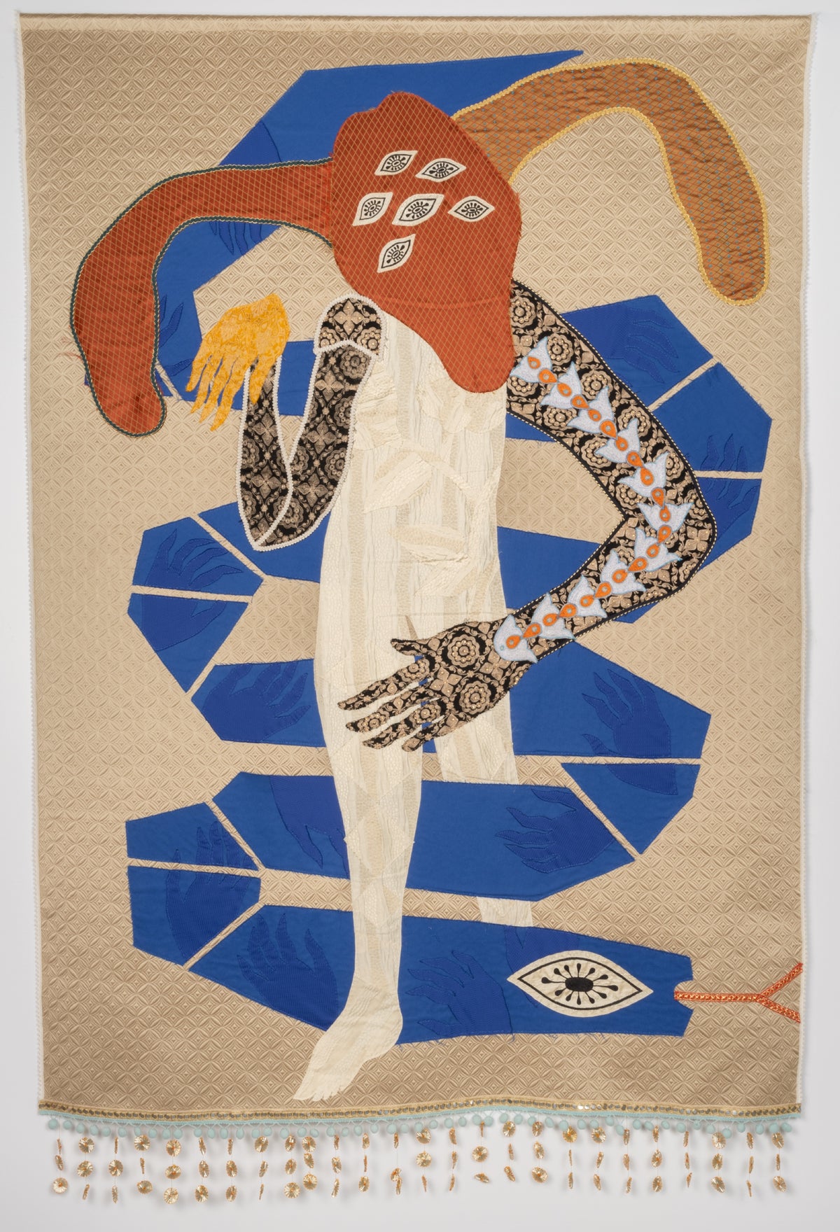 Sandeep Johal, Horns of Power (Uterus Woman), 2023. A mythical creature with horns, holding a yellow abstracted object, standing between a stream of blue geometric shapes against a beige background.