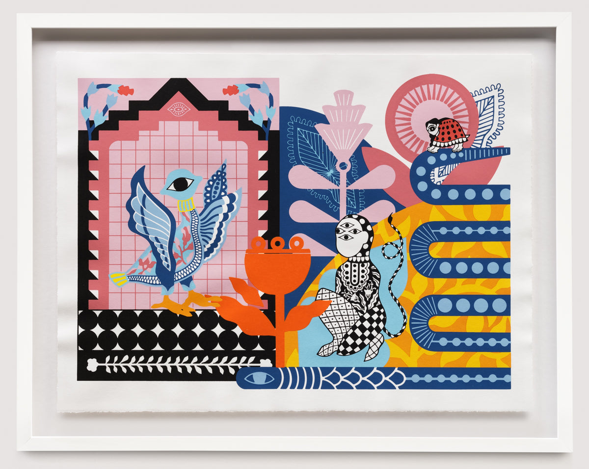 Sandeep Johal, I am easy to find, 2024. Two abstracted figures against brightly multilayered coloured background with geometrical graphics.