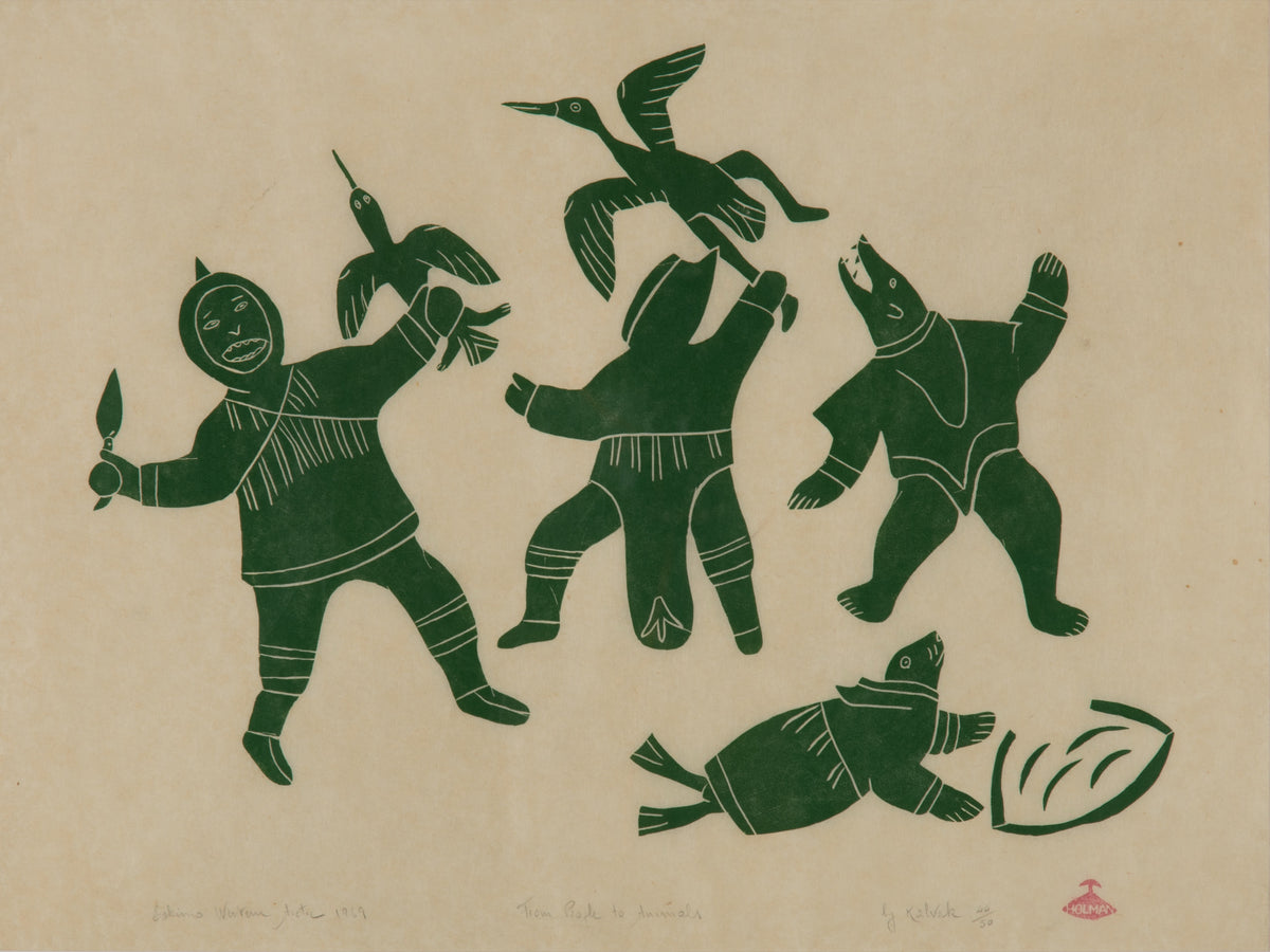 Helen Kalvak, From People to Animals, 1969. Two people, trying to catch two birds, , a bear and a seal.