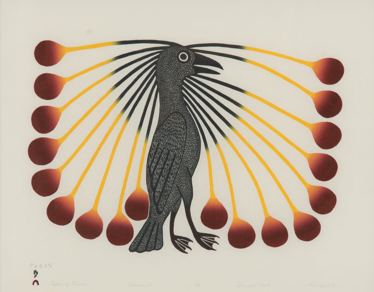 Kenojuak Ashevak, Spring Vision, 2008. Black and white of a bird with abstracted feather, coming of its head, in brown and yellow.