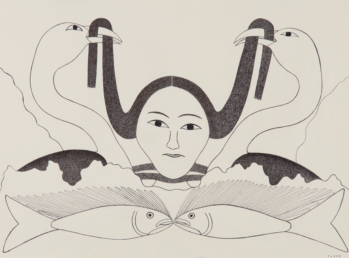 Kenojuak Ashevak, Untitled [Inuit Mythology], 2003. A woman with black hair styled into two pigtails being held up by two birds with two fishes at the bottom.