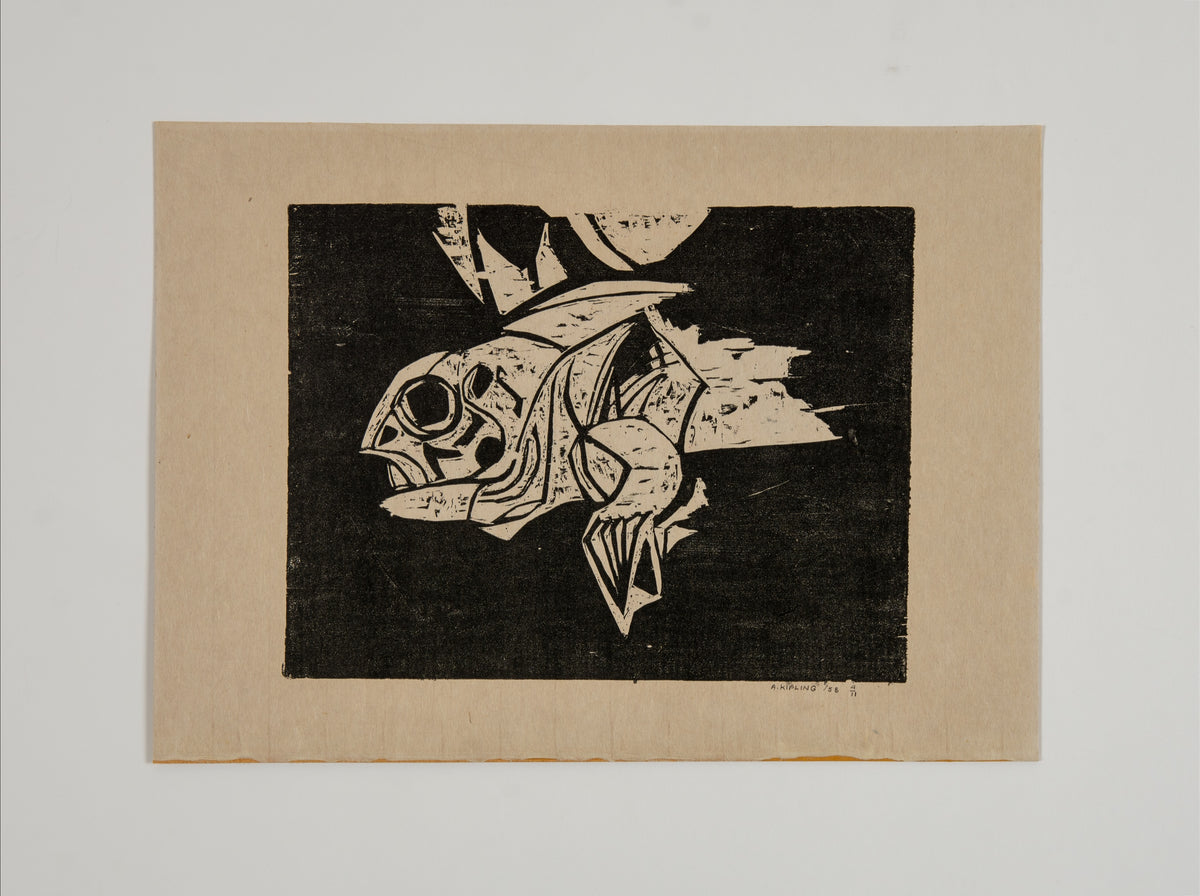 Ann Kipling, Untitled [Anglerfish], 1958. Woodblock print of an anglerfish in black water with unprinted border.