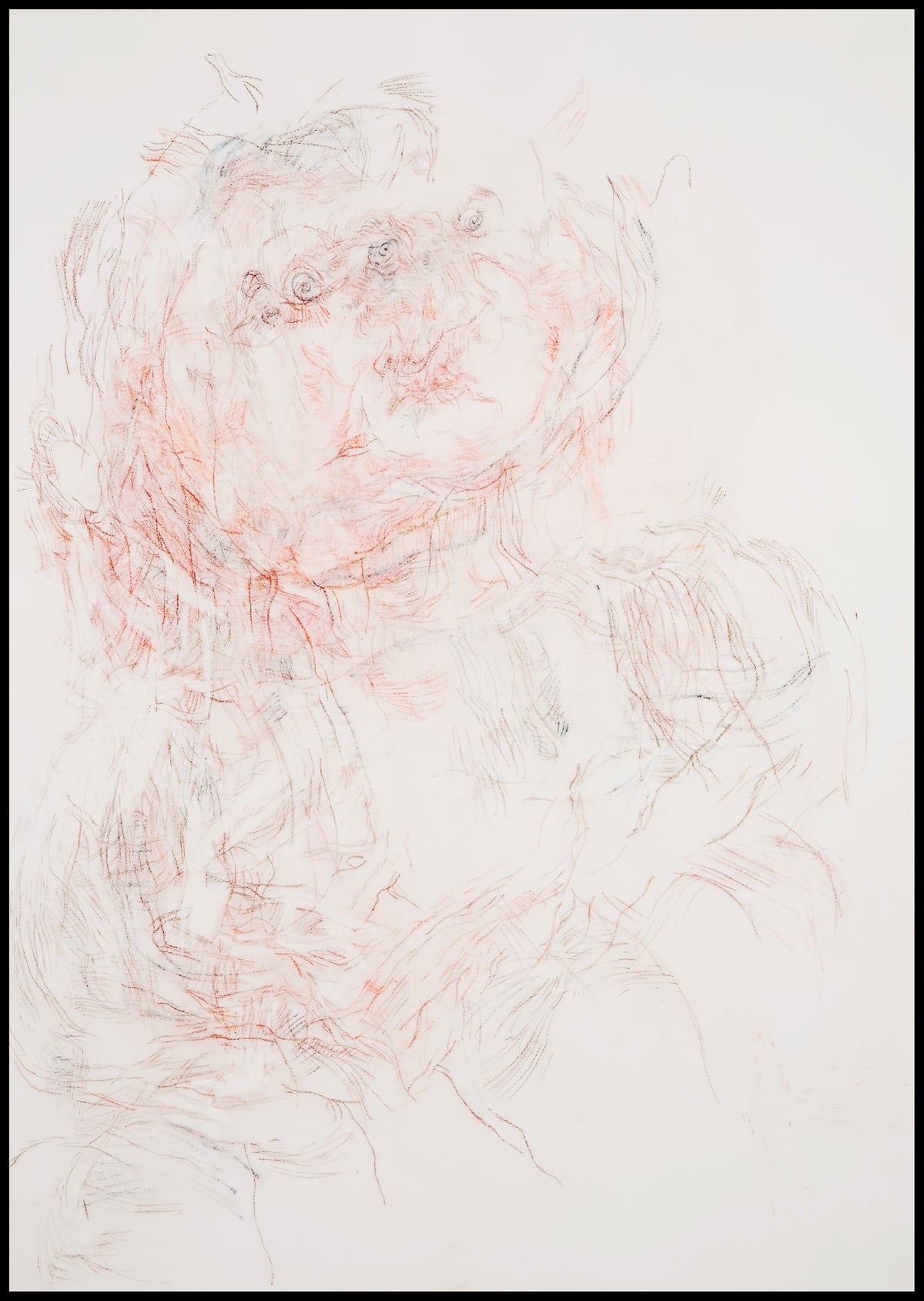 Ann Kipling, Barbara Quandt: January 28,1989, 1989. A drawing of a women in two coloured pencils (black and brown) superimposed on top of one another.