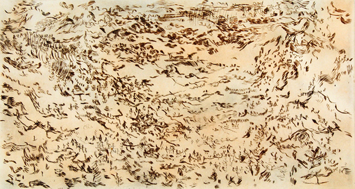 Ann Kipling, Dog in the Sky, 1999. Abstract line drawing depicting a landscape against light orange background.