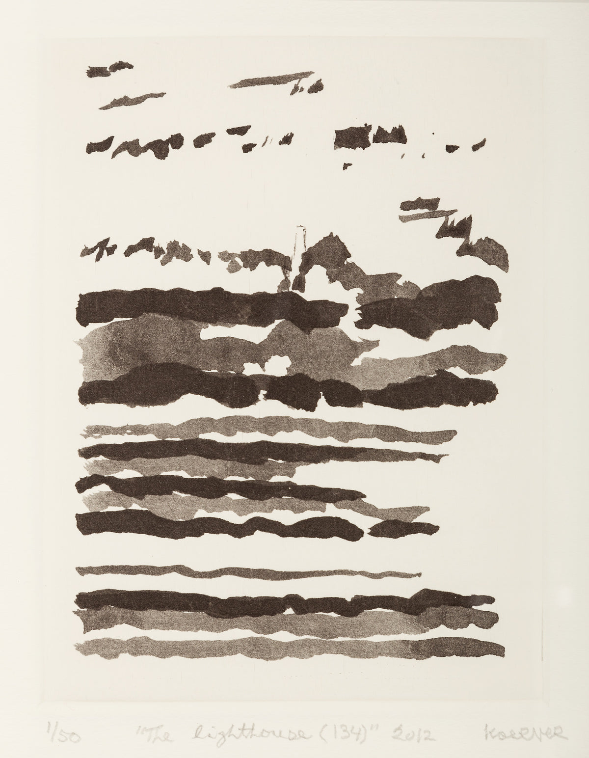 John Koerner, Lighthouse, 2012. Black and white abstract illustration of a lighthouse in the middle of the ocean.