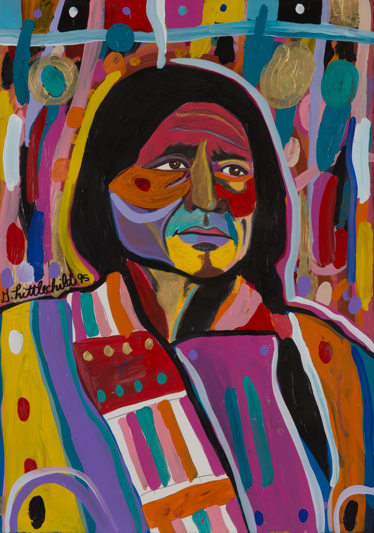 George Littlechild, Chief Papastayo, 1995. Portrait of an indigenous chief rendered in a bright colourful palette composed.