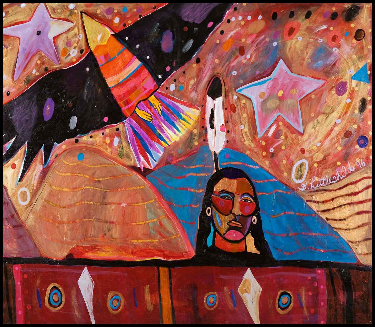 George Littlechild, On Sacred Ground, 1996. An indigenous figure against brightly coloured background with stars and a rocket.