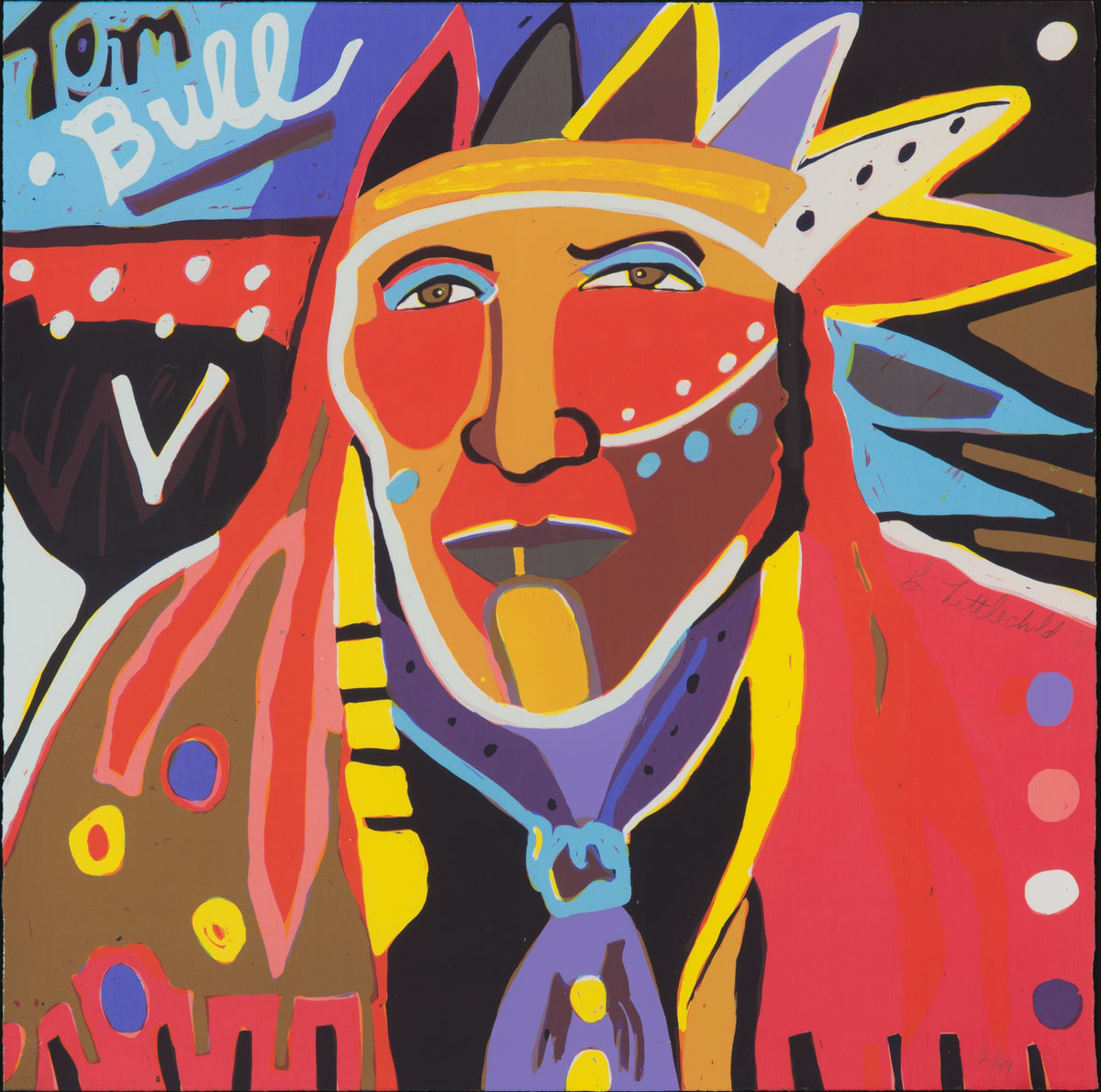 George Littlechild, Tom Bull, 1991. Portrait of an indigenous chief rendered in a bright colourful palette composed.