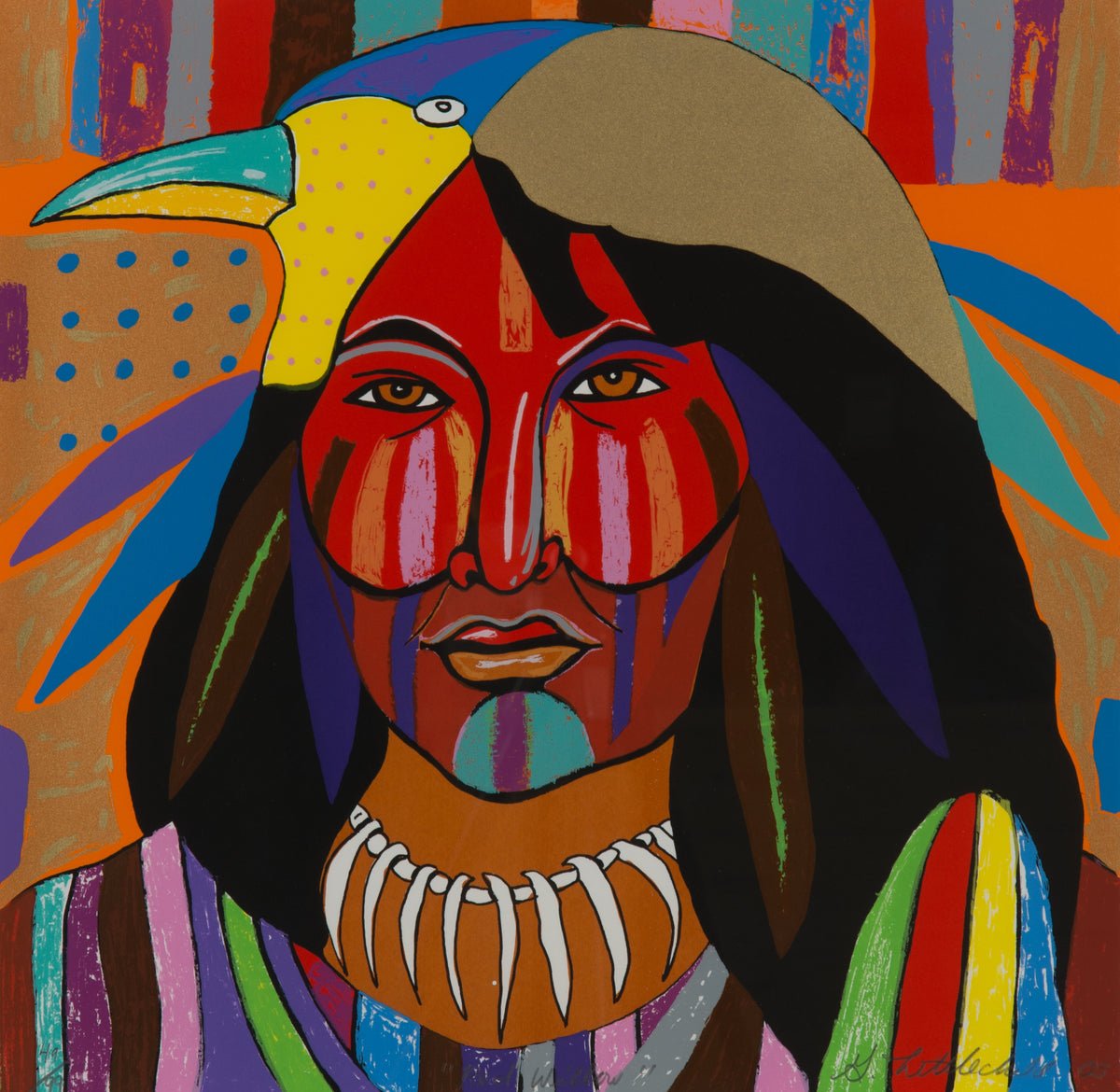 George Littlechild, Red Willow, 2005. An abstracted and colourful depiction of an Indigenous person with long black hair, wearing a hat shaped like a bird with a necklace made of bones and a colourful shirt.