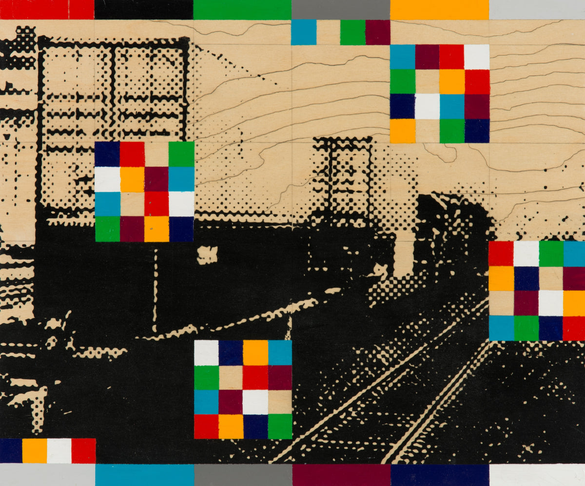 Daylen Luchsinger, Freyght VI (Freight 6), 2013. Image of a train tracks in black against the wooden panel with four abstract multicoloured squares (red, black, green, blue, grey, yellow). View 1 of 2.