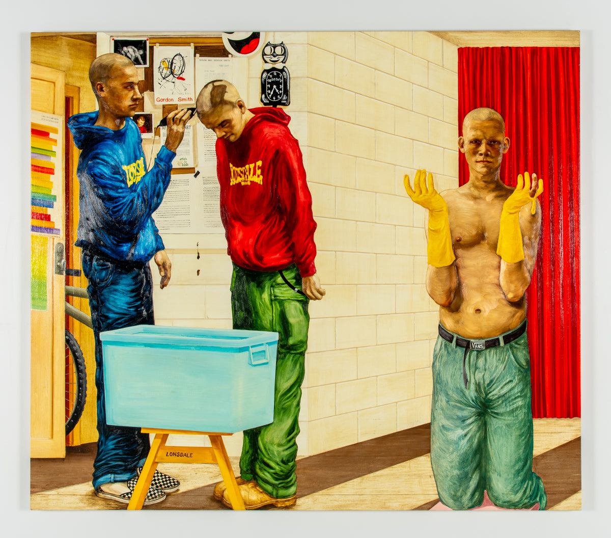 Atilla Lukacs, Lonsdale, 2007. An older boy, shaving the head of a younger boy, against what appears to be a school setting in the background with flyers with Gordon Smith's name.