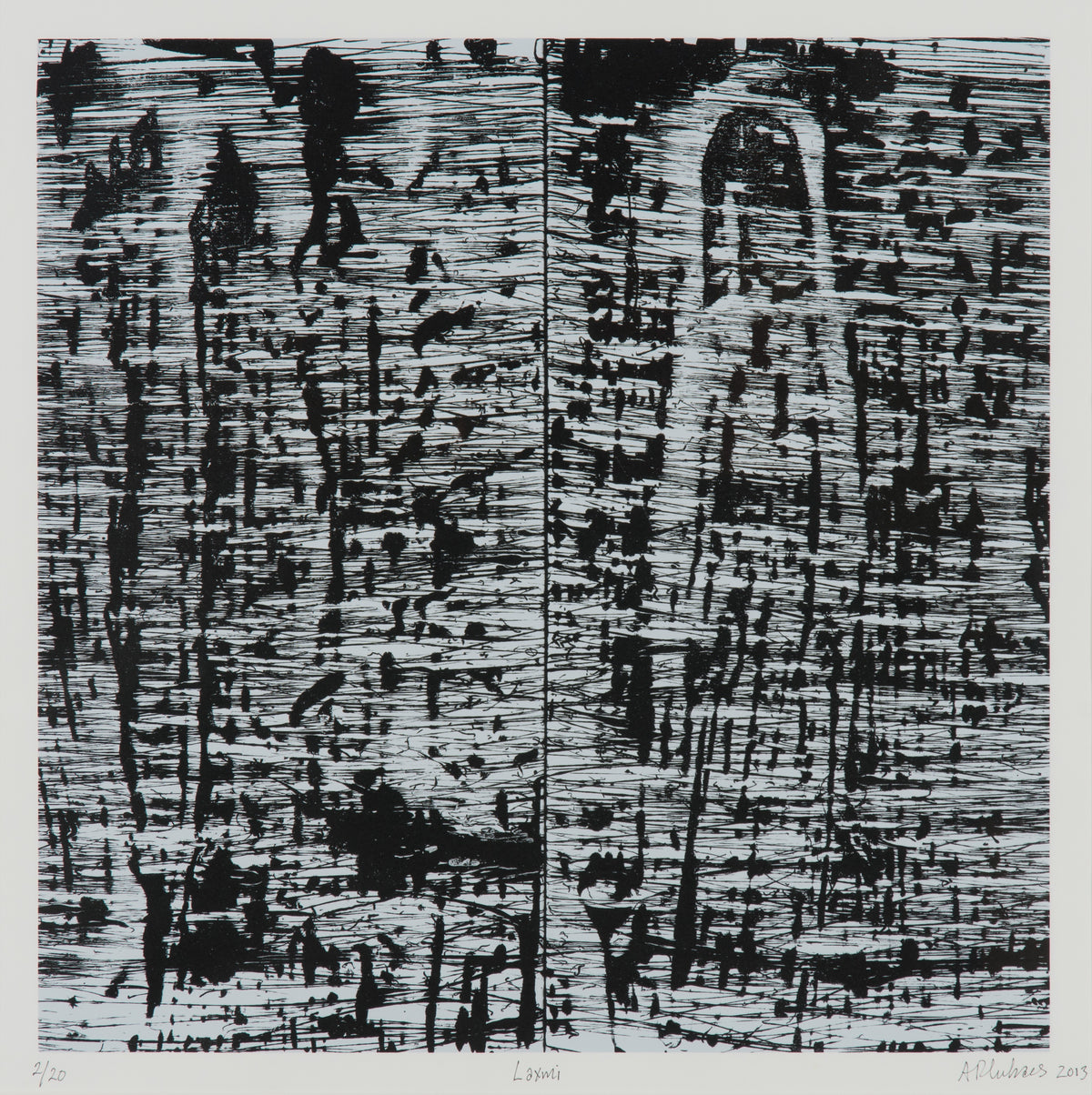 Atilla Lukacs, Laxmi, 2013. Black and white abstract composition where the white area have fine lines going across, revealing the black.