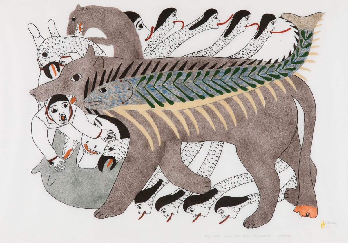 Victoria Mamnguqsualuk, Many Heads, 1982. A group of animals (bear, fish, snakes, etc.) eating a person.