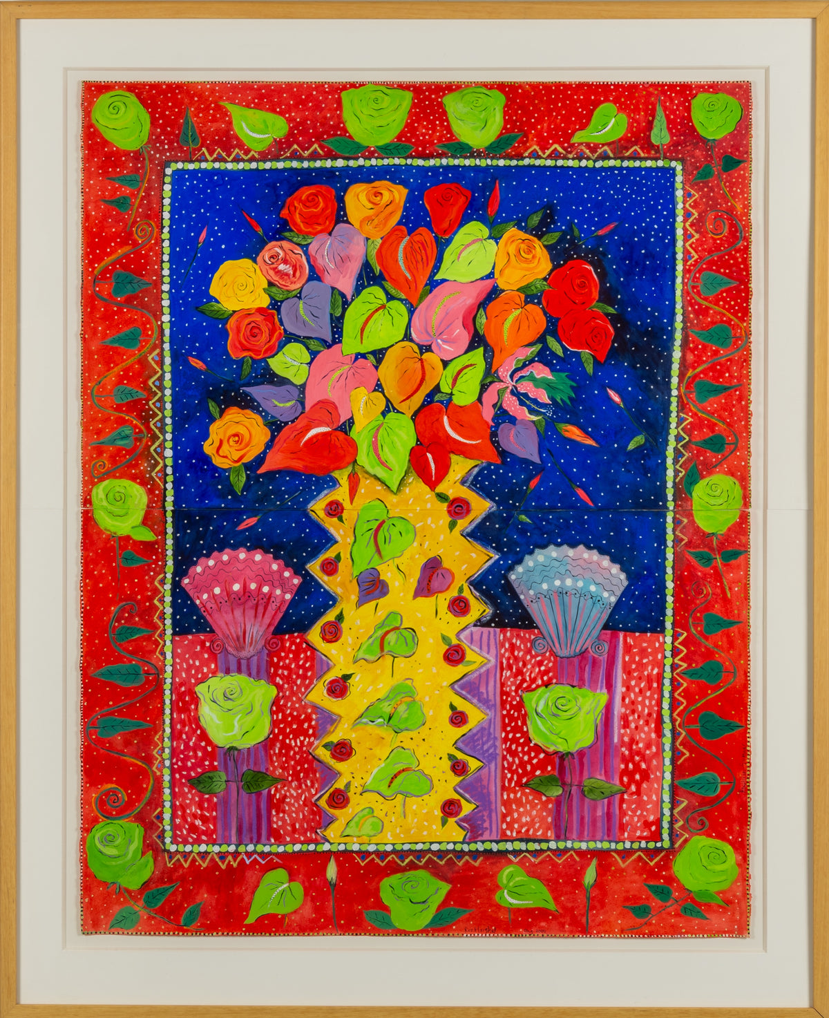 Roz Marshall, Roses, Anthuriums and Shells, 2000. Brightly painting of an abstract yellow vase of flowers with a abstract vases on each side alongside with green roses against blue background and the image is surrounded by a frame of vines and green roses against a red background.
