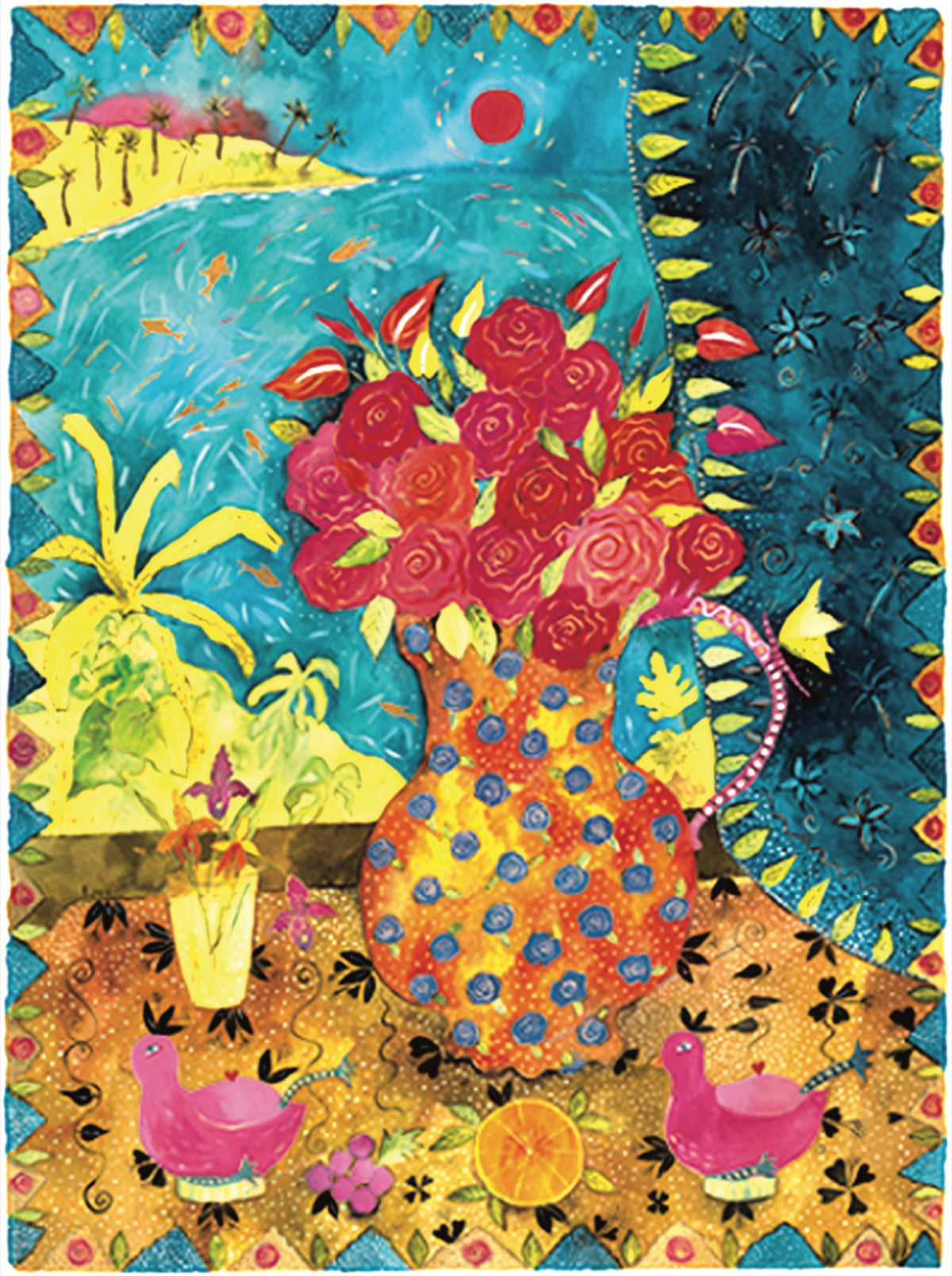 Roz Marshall, 2 Pink Pigeons, 2001. An orange vase with blue spotted vase with roses on a table with two small birds against a beachside background.