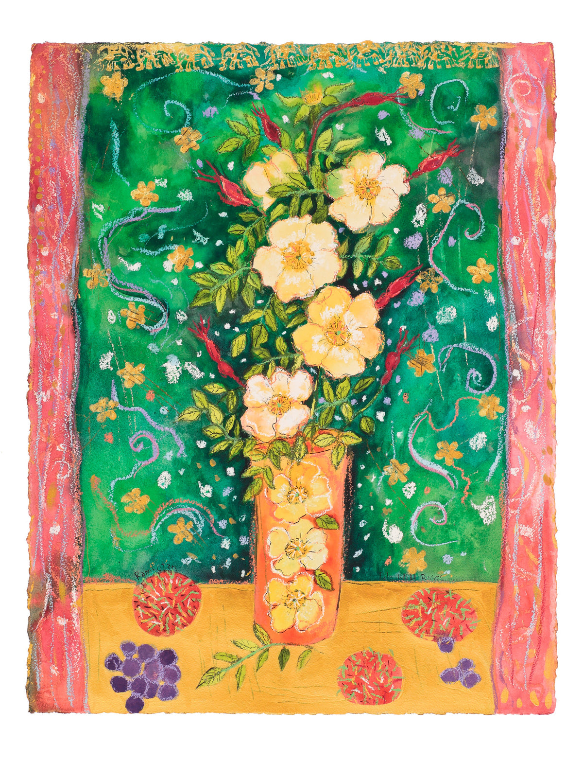 Roz Marshall, Wild Roses and Rambutans, 2011. Yellow flowers in an orange vase against a green background with pink rectangular sides.