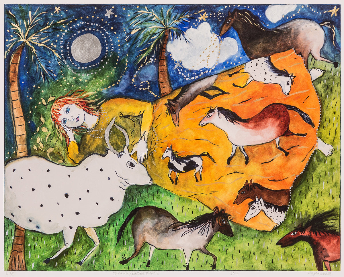 Roz Marshall, Dreaming Lascaux Woman, 2014. A woman in an orange dress laying on grass surrounded with palm trees in the background against the starry sky and a full moon.