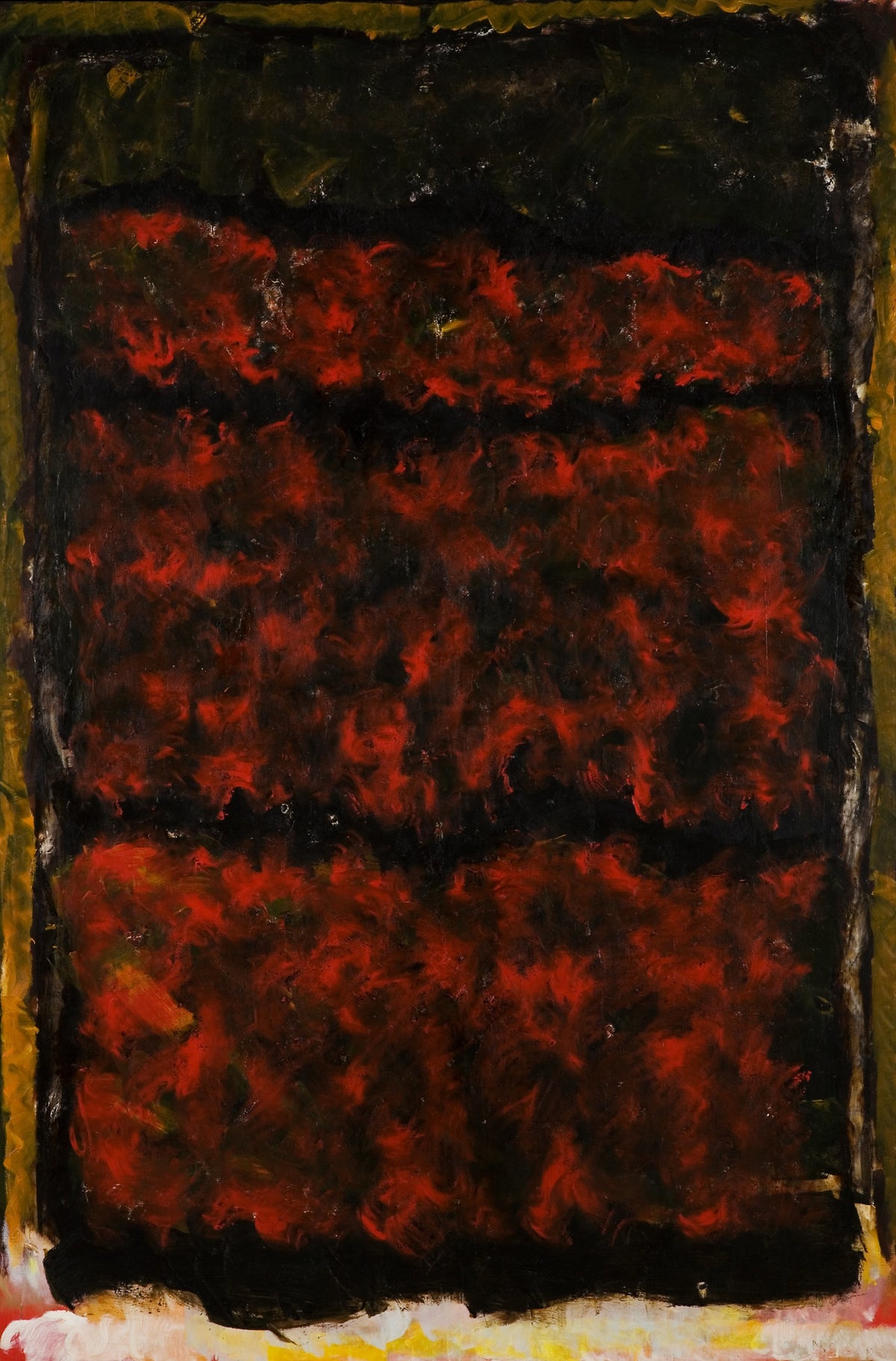Jean McEwan, Ni plus, Ni moins, 1993. Abstract painting with red abstract shapes against a black background with beige alongside the bottom.