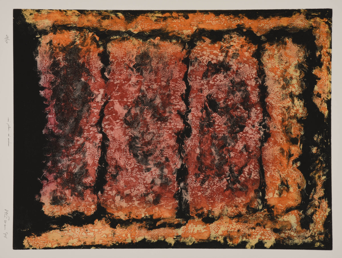Jean McEwan, Ni plus, Ni moins, 1994. Abstract shapes rendered in red and orange against a black background. View 1 of 2.