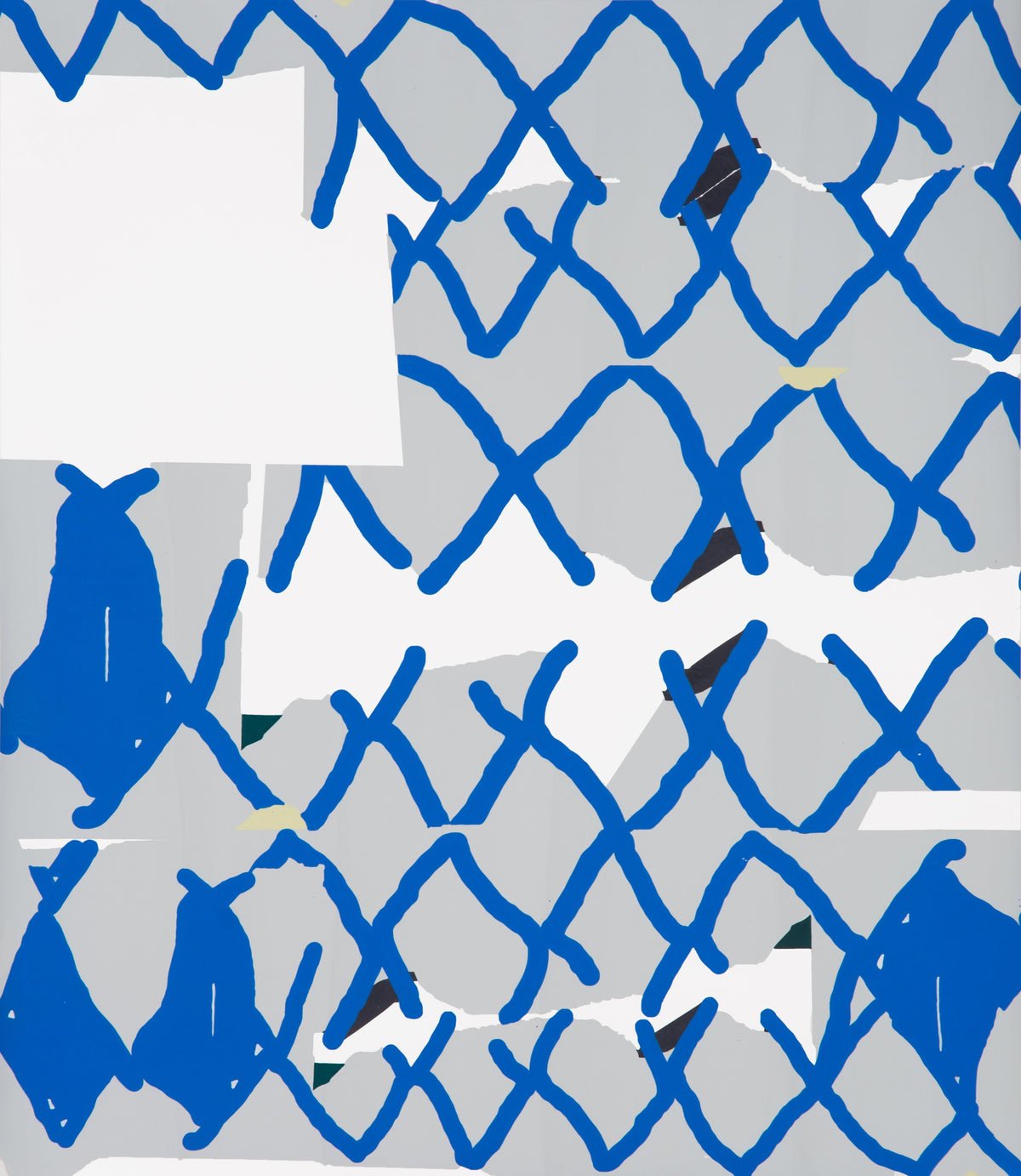Elizabeth McIntosh, Diamonds, 2019. A row of blue "X" against a grey background.