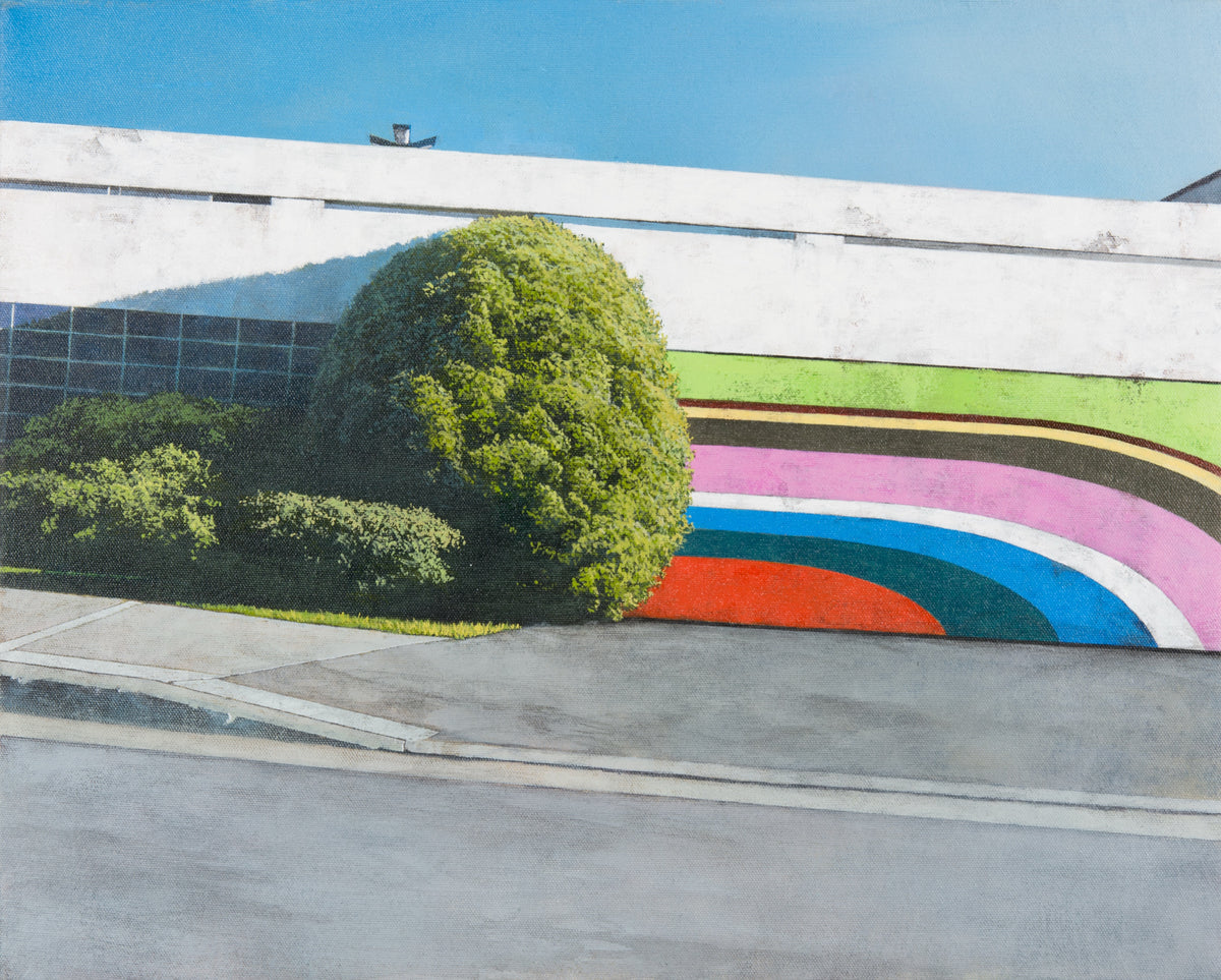 Erin McSavaney, Untitled [Landscape], 2017. Painting of the back of a building with a colourful mural and greenery of its left.