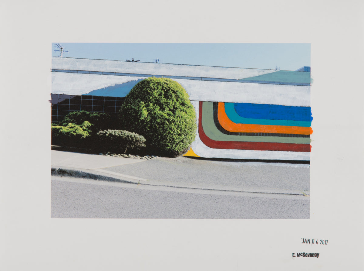 Erin McSavaney, Untitled [Landscape-Study], 2017. Photograph of garages with paint overlaid in a colourful scheme.