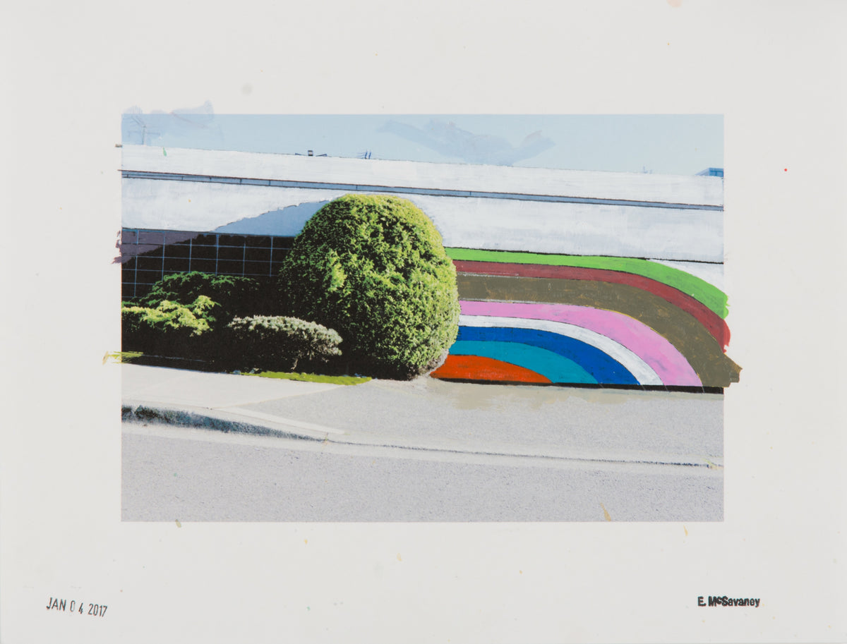 Erin McSavaney, Untitled [Landscape -Study], 2017. Photograph of garages with paint overlaid in a colourful scheme.