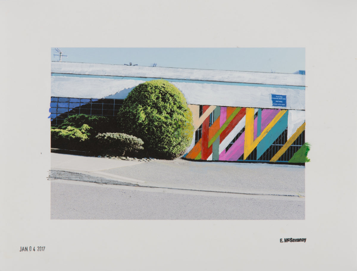 Erin McSavaney, Untitled [Landscape-Study], 2017. Photograph of garages with paint overlaid in a colourful scheme.