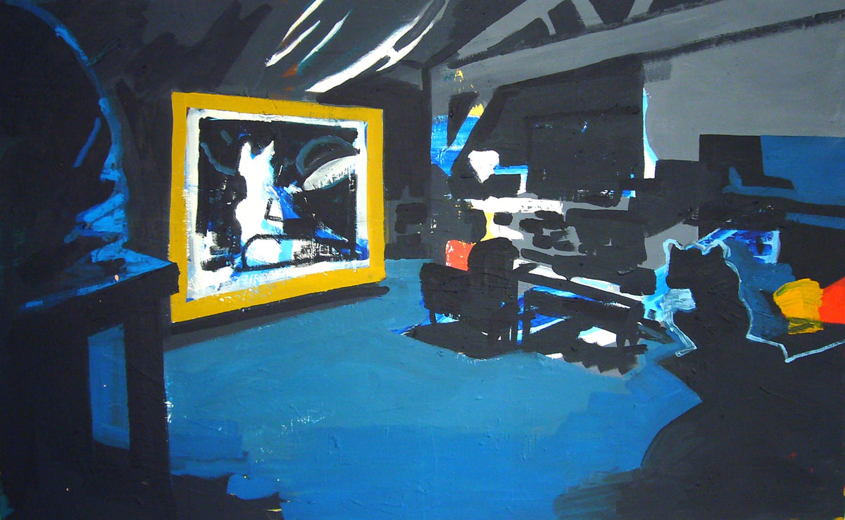Damian Moppett, Painting and Figure Maquette in Studio at Night, 2006. A painting depicting room with a large painting with a white figure on it and a desk besides it on blue floors and black walls.