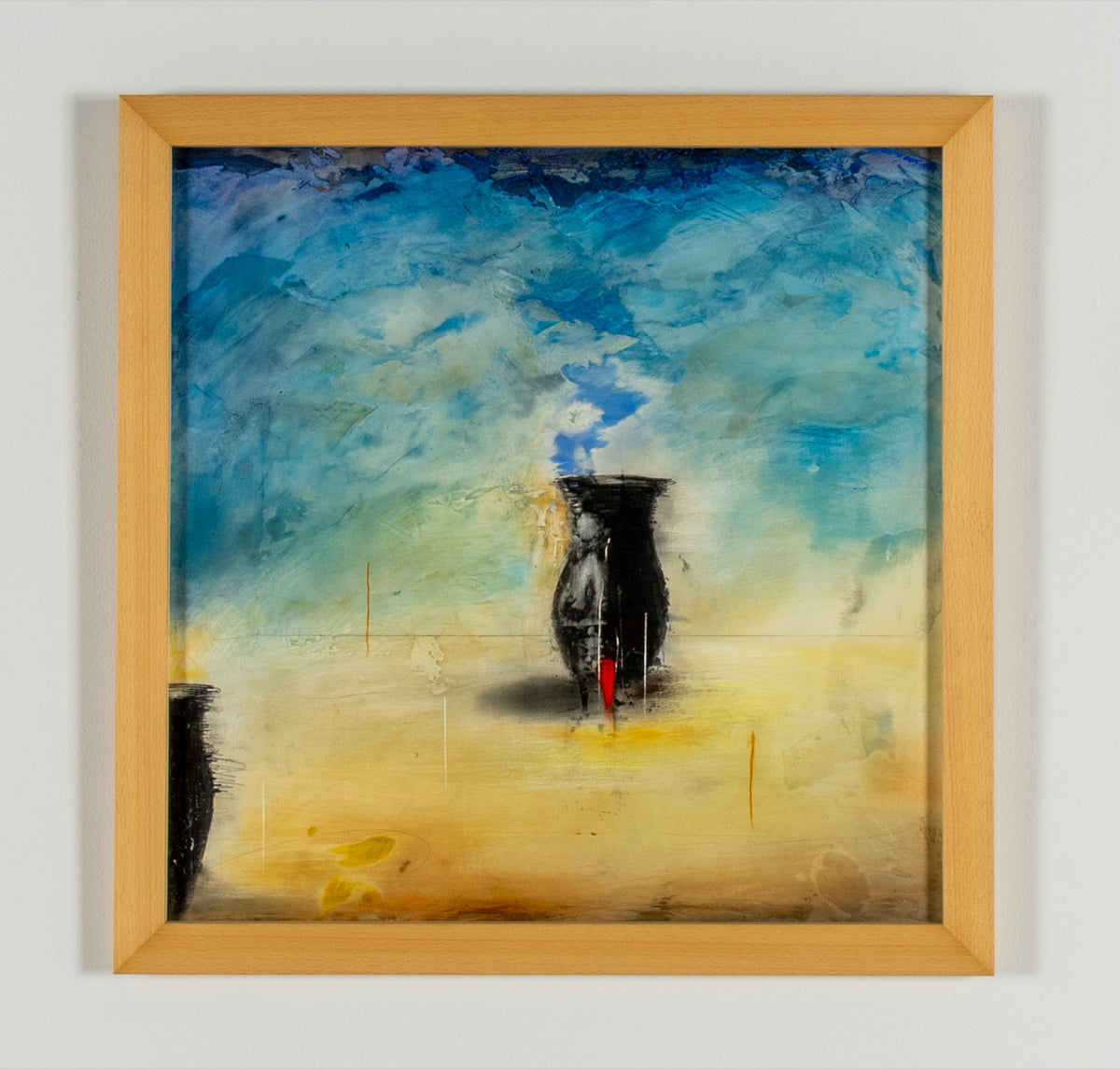 Greg Murdock, Vessel #10 (Paradise V. Demo), 2004. Black abstract shape with a small red stripe against a blue and yellow background.