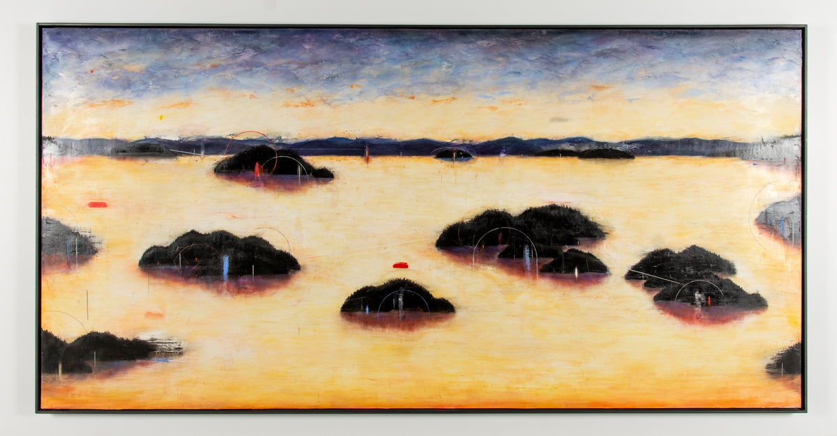 Greg Murdock, Inside, 2004. Horizontal painting of an abstract landscape with small black islands at dusk/dawn, with red, white, and blue geometric lines.