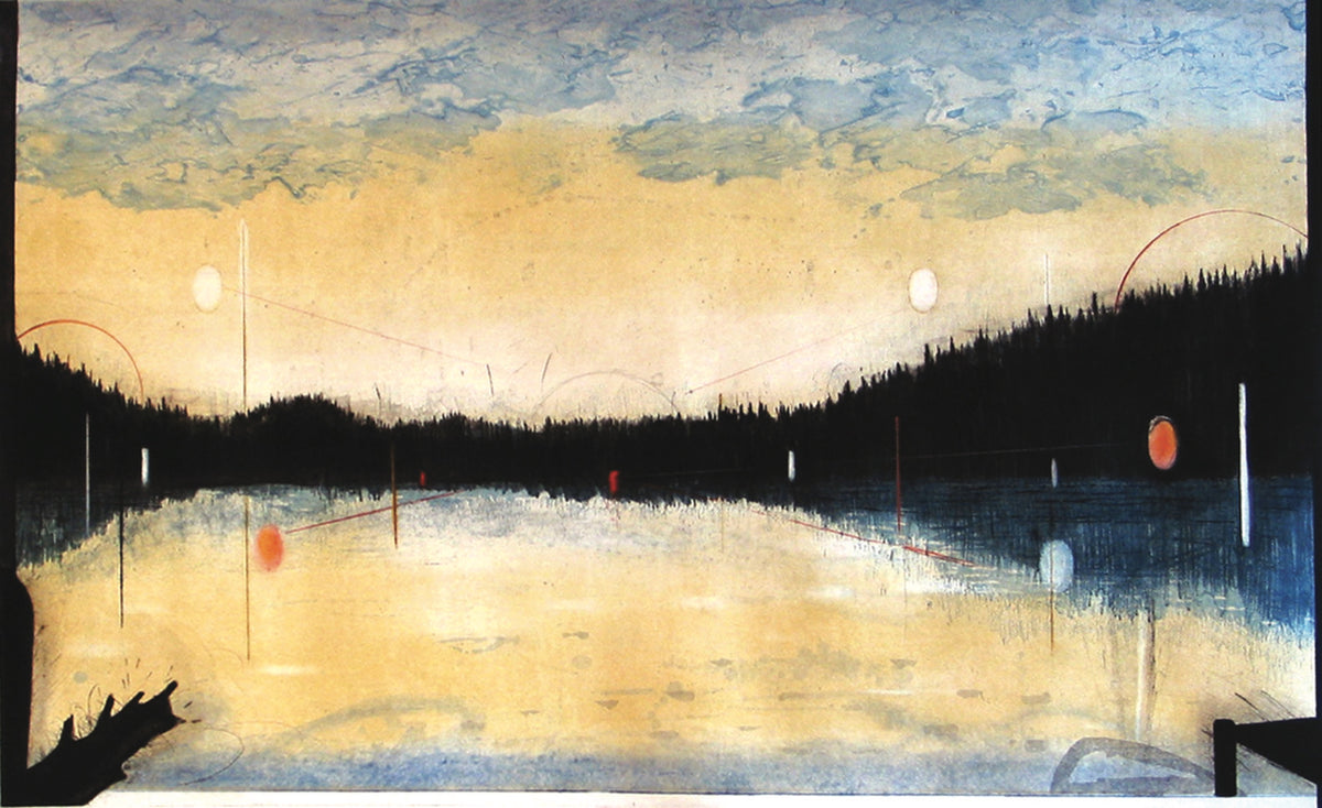Greg Murdock, Shoreline Ghosts, 2005. Depiction of a landscape at sunset/sunrise with abstract oval shape dispersed throughout the center of the work.