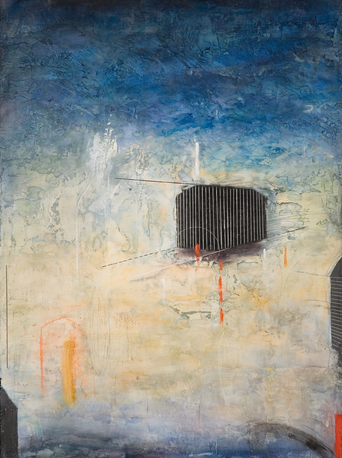 Greg Murdock, Cortege, 2007. Black rectangular shape with red stripe against a blue and yellow background. View 1 of 2.