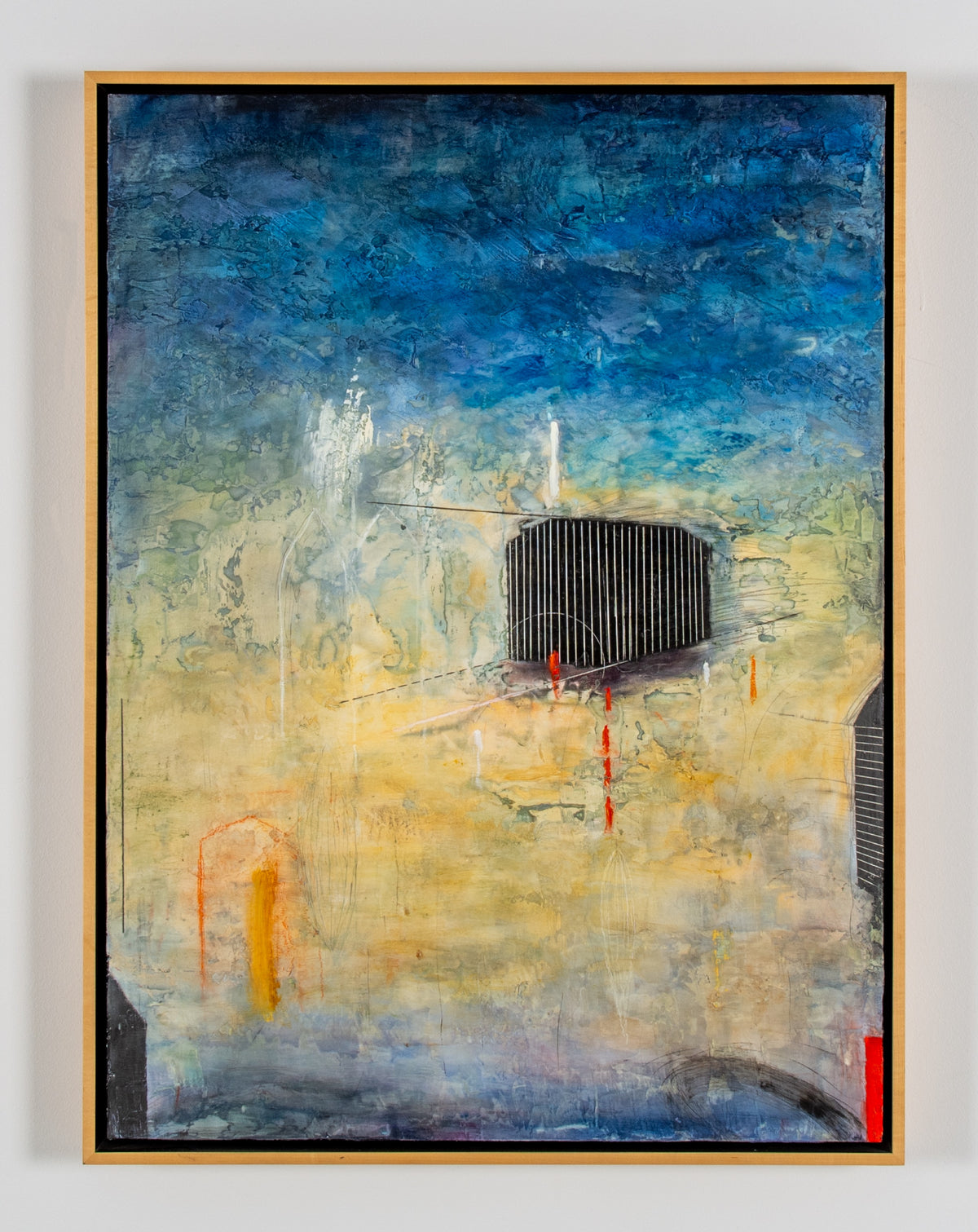 Greg Murdock, Cortege, 2007. Black rectangular shape with red stripe against a blue and yellow background. View 2 of 2.