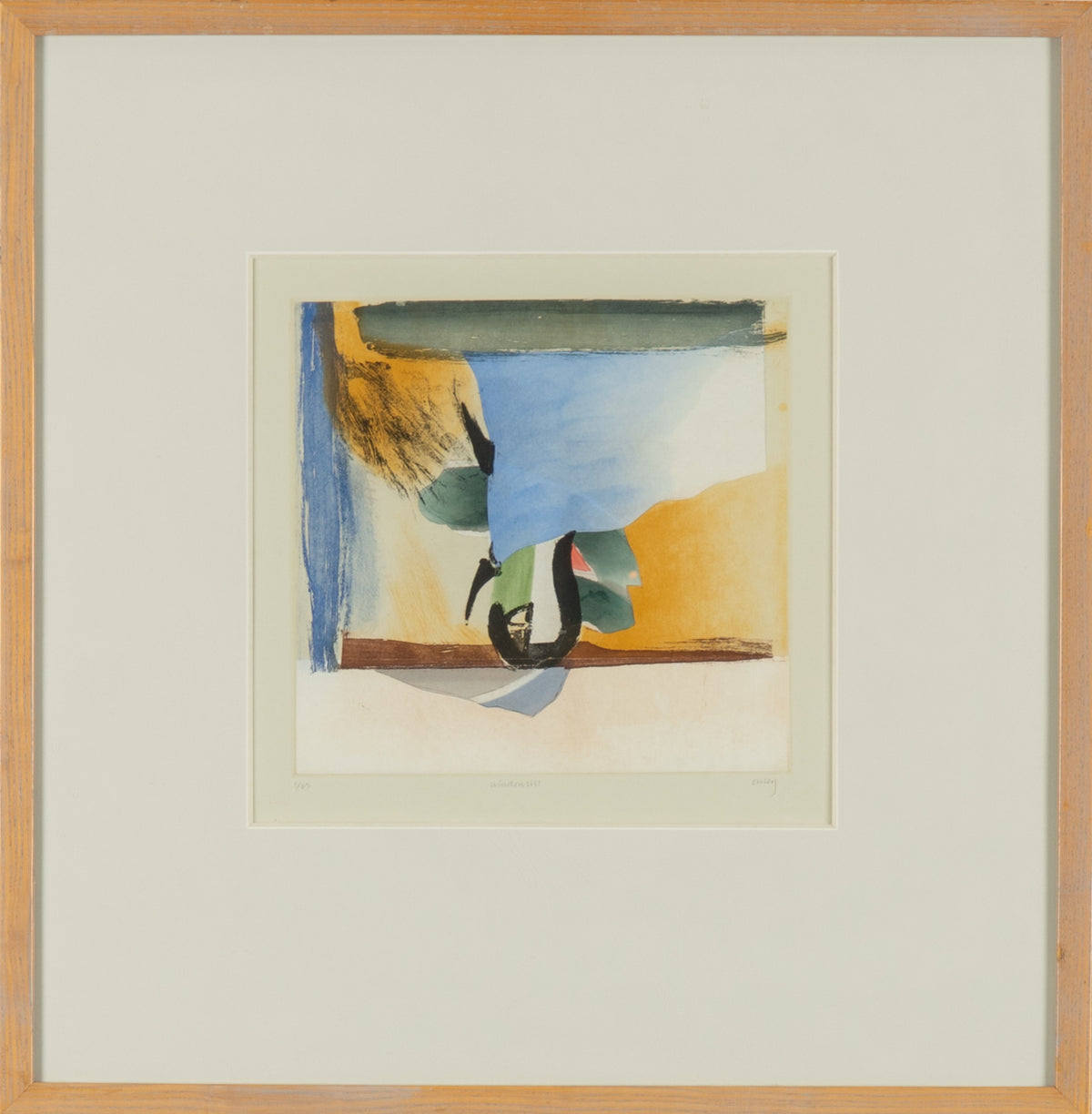 Toni Onley, Window Sill, 1995. Abstract composition of blue, grey, green, and beige shapes.