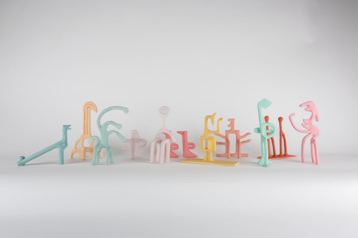 Parvin Peivandi, Utopian Rug, 2023. Ceramic figurative sculptures in soft green, yellow, pink and orange. View 22 of 24.