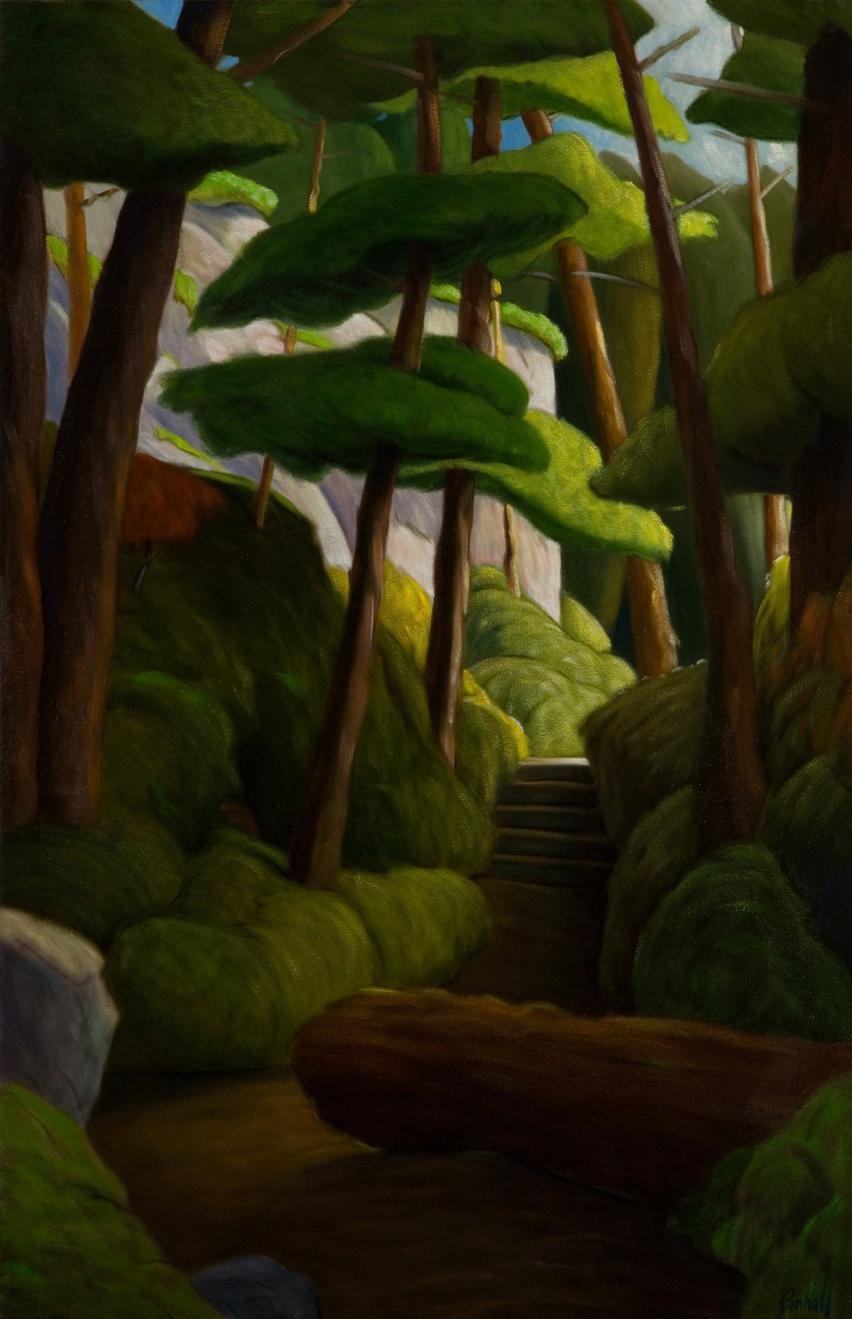 Ross Penhall, Juniper Loop, 2004. A pathway alongside greenery (trees, bushes, etc.) with a large rock in the background against a clear blue sky.