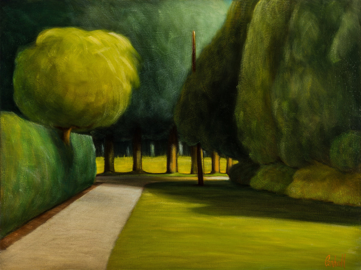 Ross Penhall, Paradise Alley, 2003. A pathway leading to a series of trees as well as a manicured bush of the left of the pathway with grass on its right.