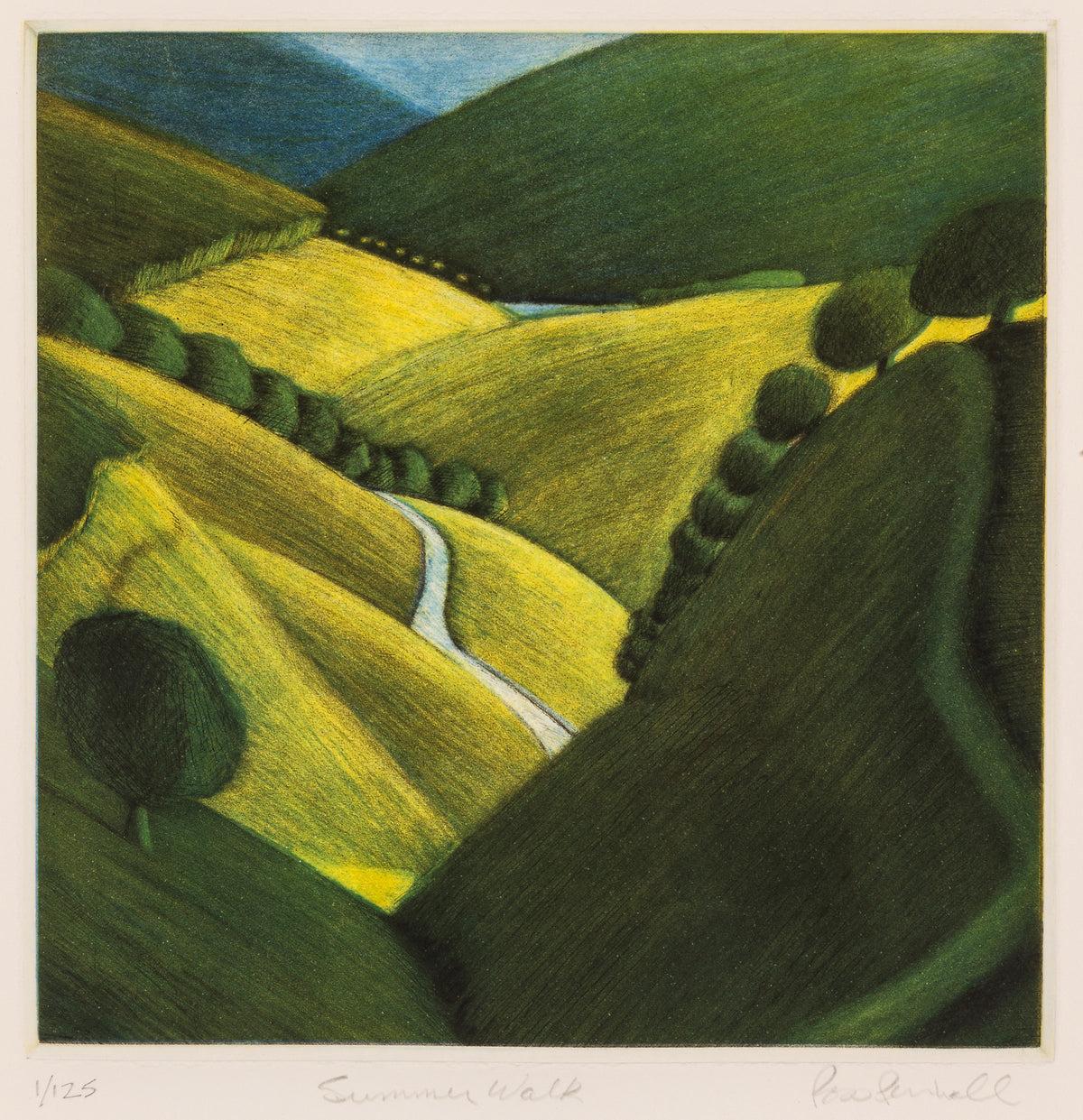 Ross Penhall, Summer Walk, 2007. Image of landscape and greenery with trees lining the tops on two hills at the forefront as well as a small river. View 1 of 2.