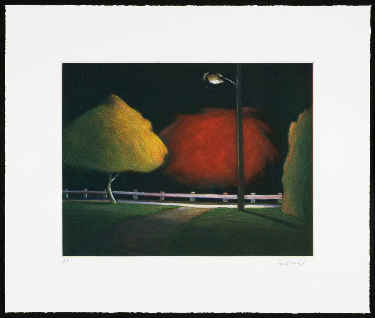 Ross Penhall, The Stage, 2007. An evening scene depicting three trees with one illuminating street lamp.