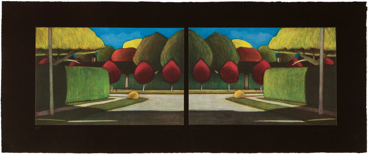 Ross Penhall, Reflected Corner (ed. B.A.T), 2011. Image depicting a street with greenery along the sidewalks as well as trees and bushes where the center road separates into two. View 1 of 2.