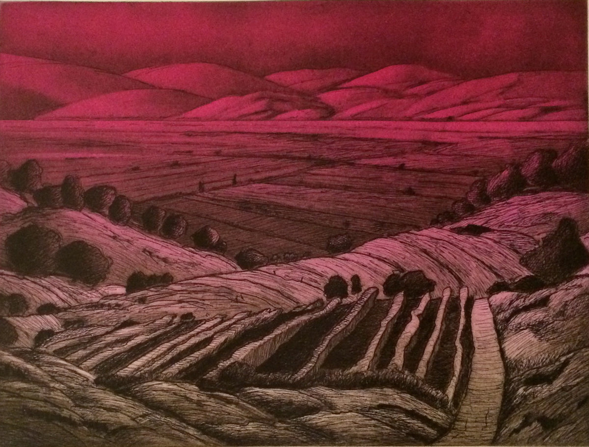 Ross Penhall, Landscape in Varied Colours, 2014. A landscape featuring moutains in the background, rendered in different colour washes. View 1 of 4.