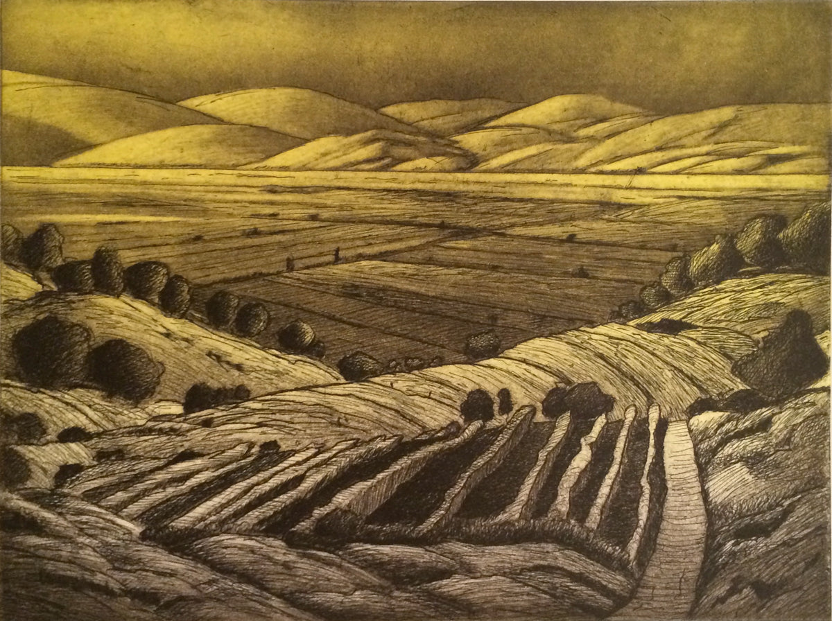 Ross Penhall, Landscape in Varied Colours, 2014. A landscape featuring moutains in the background, rendered in different colour washes. View 2 of 4.